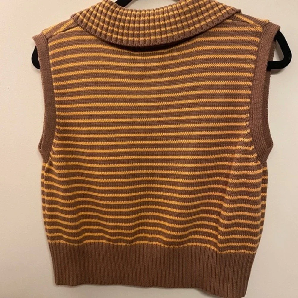Cider Striped‎ Knit Sweater Vest Brown Yellow Cotton Collar Pockets Mens Medium